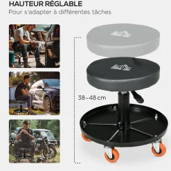 Tabouret de mécanicien pivotant réglable servante d'atelier 2 en 1 - plateau outils - charge max. 10 Kg - acier PU noir
