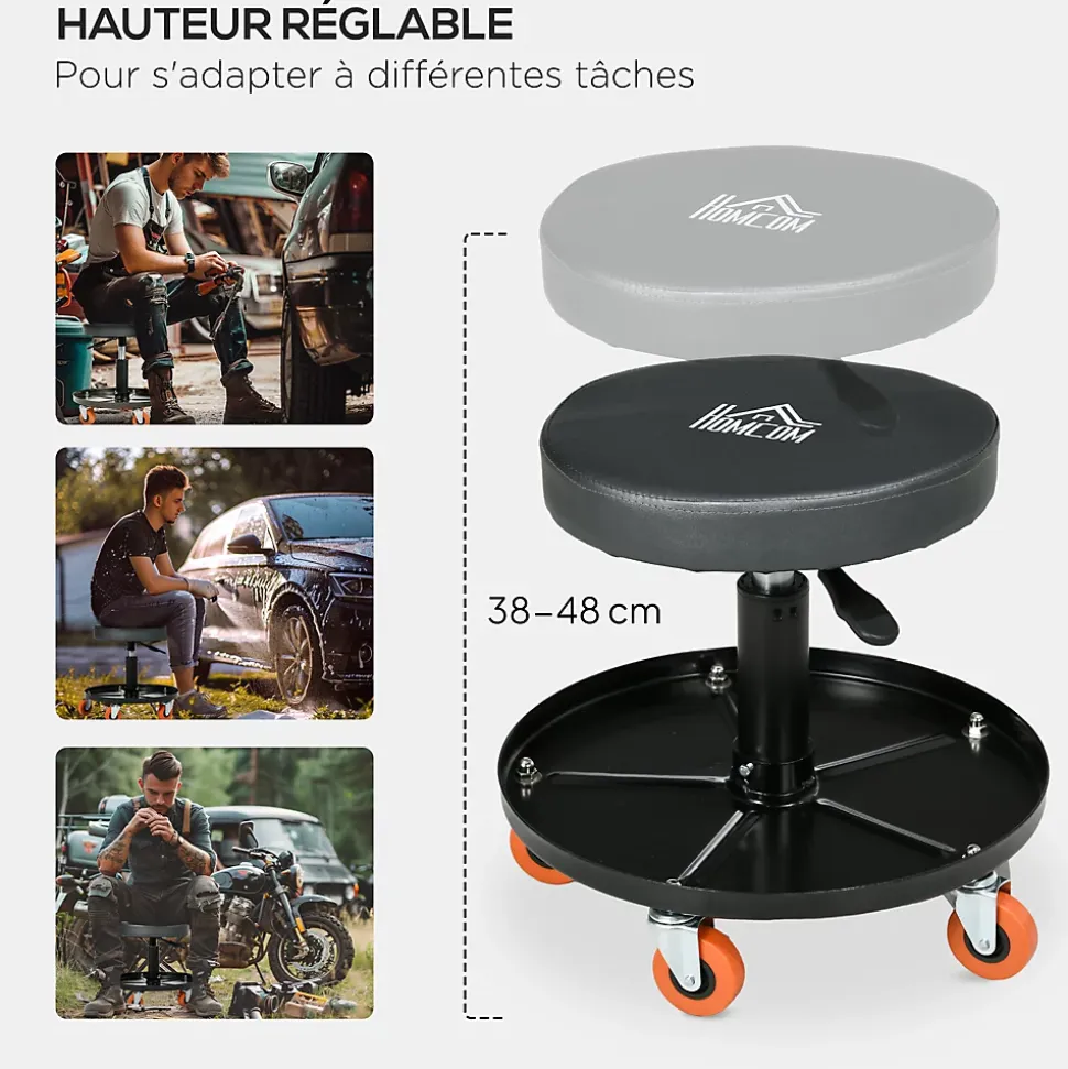 Tabouret de mécanicien pivotant réglable servante d'atelier 2 en 1 - plateau outils - charge max. 10 Kg - acier PU noir