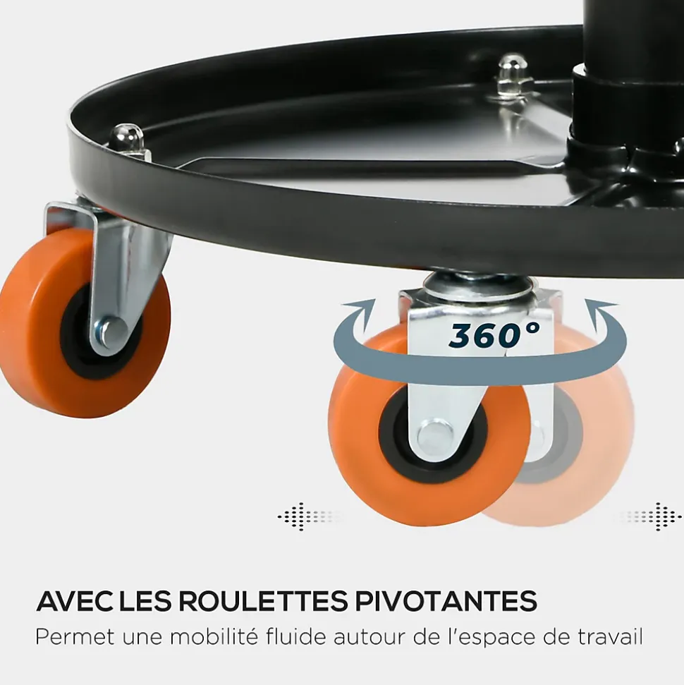 Tabouret de mécanicien pivotant réglable servante d'atelier 2 en 1 - plateau outils - charge max. 10 Kg - acier PU noir