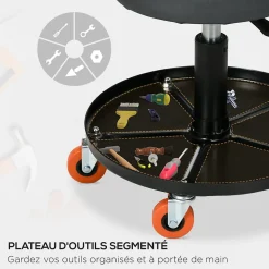 Tabouret de mécanicien pivotant réglable servante d'atelier 2 en 1 - plateau outils - charge max. 10 Kg - acier PU noir