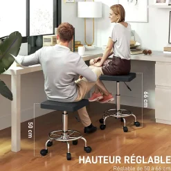 Tabouret de travail sur roulettes avec repose-pieds - tabouret médical hauteur réglable 50-66 cm pivotant - noir