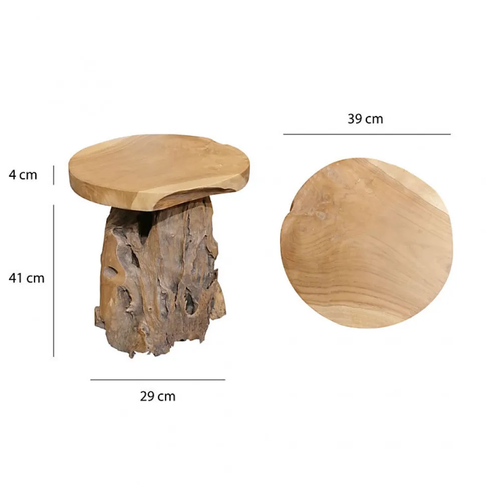 Tabouret en bois de teck plateau rond et piètement racine - DAPHNE 02