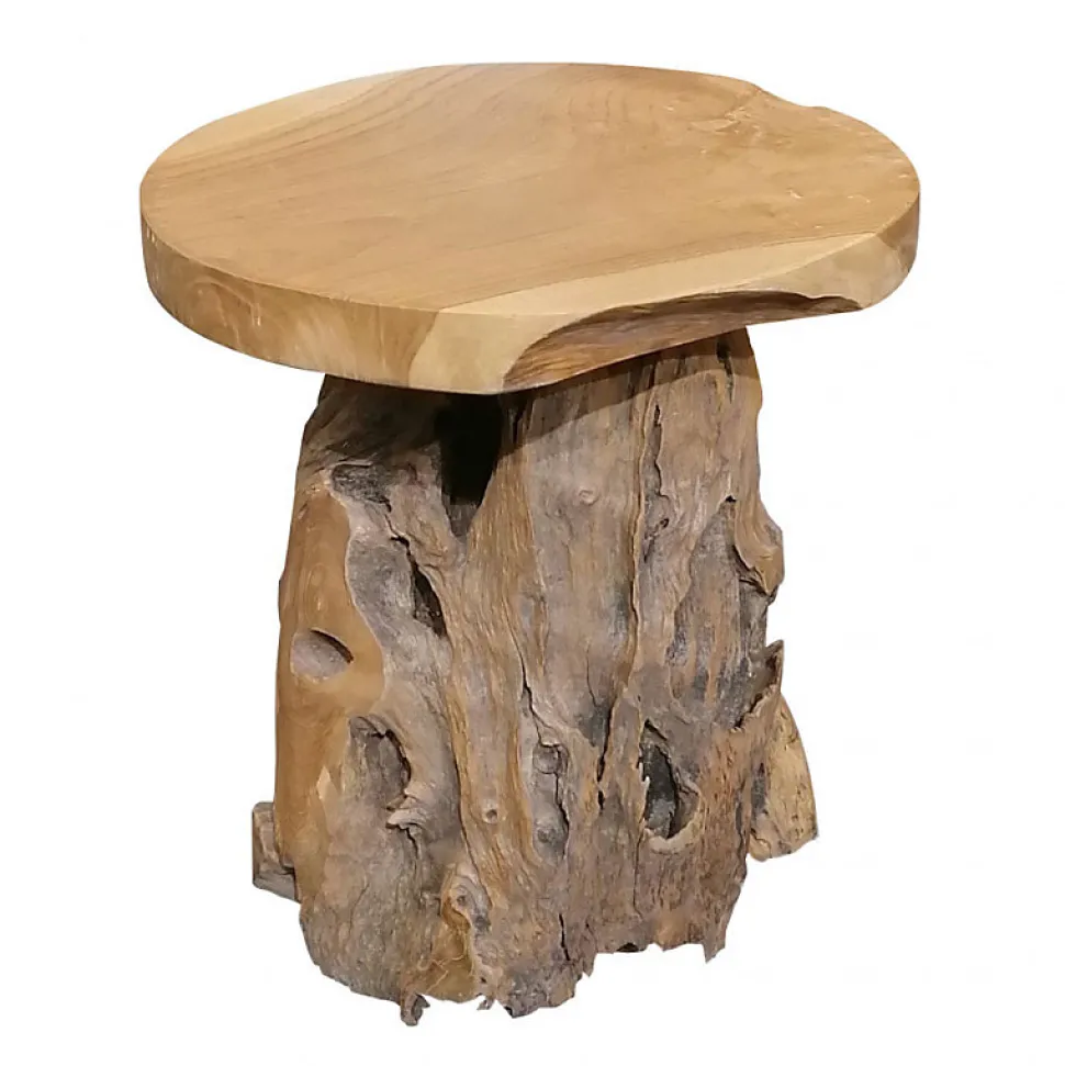 Tabouret en bois de teck plateau rond et piètement racine - DAPHNE 02