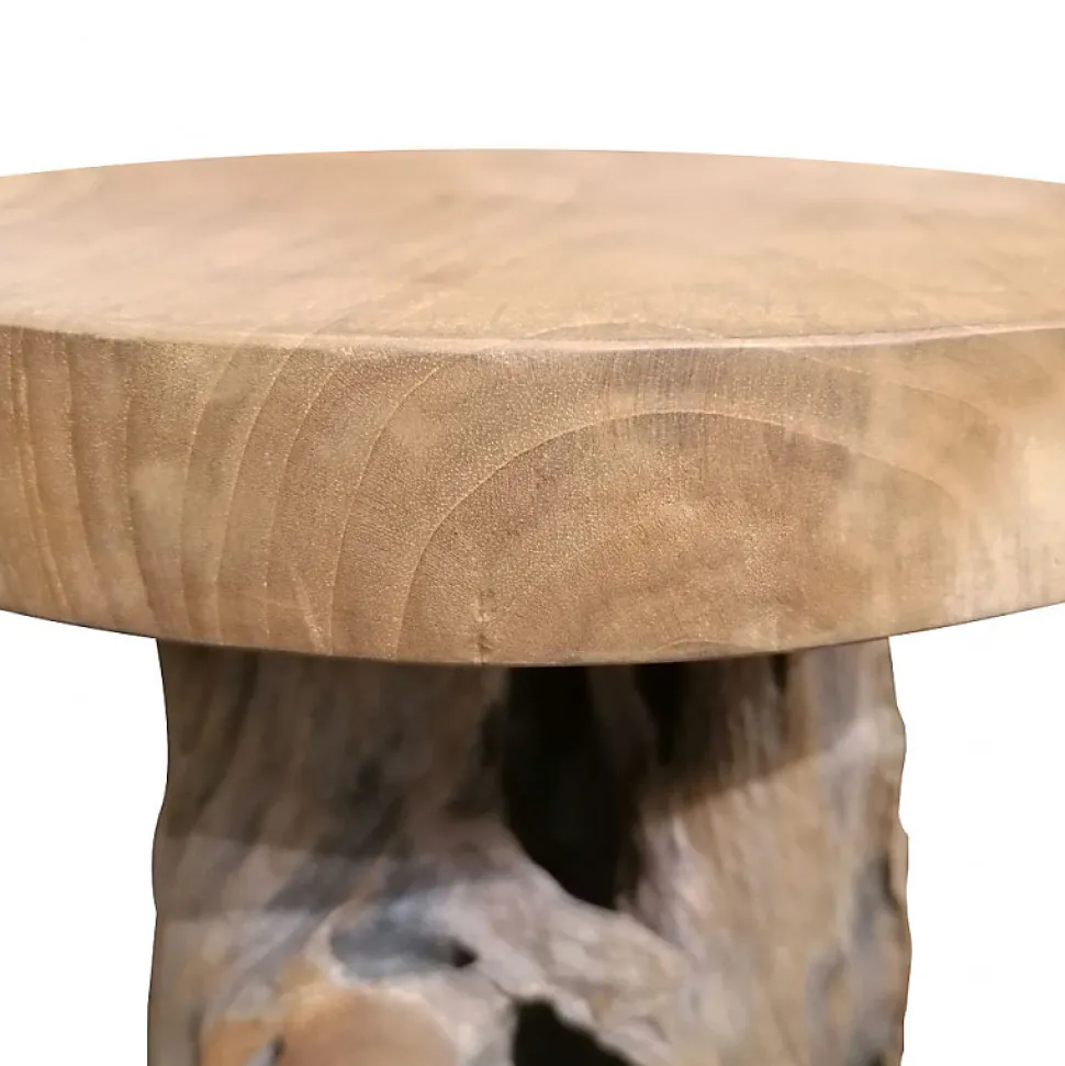 Tabouret en bois de teck plateau rond et piètement racine - DAPHNE 02