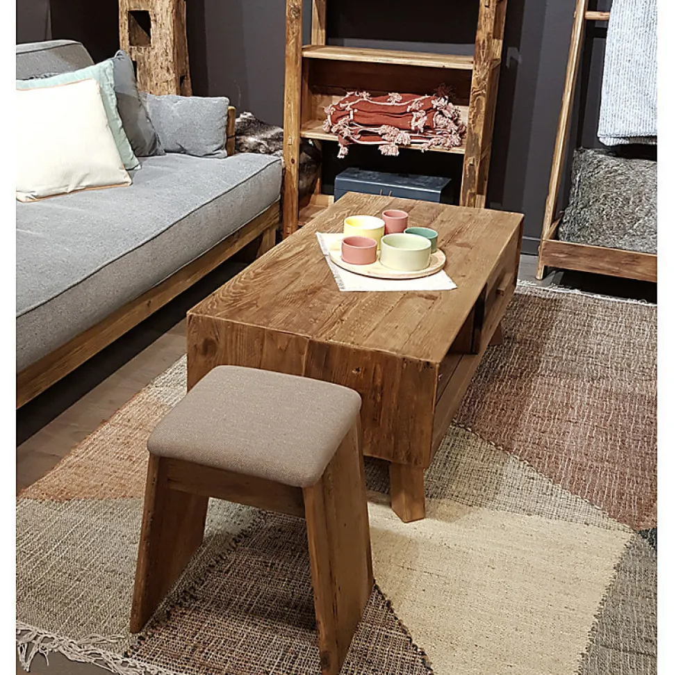 Tabouret en bois massif recyclé et tissu rembourré beige - CHALET
