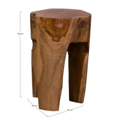 Tabouret en Teck Rose - Élégance Naturelle avec 3 Pieds, Diam.26x40 cm