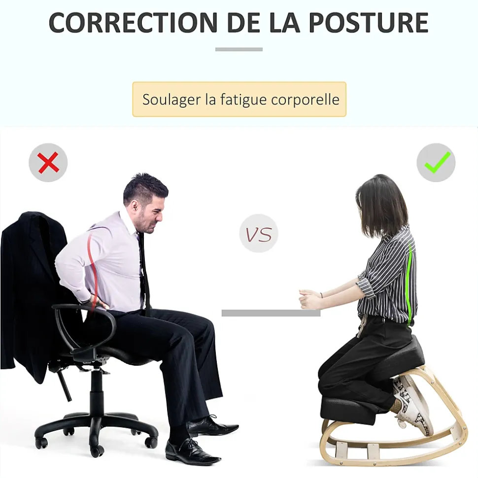 Tabouret ergonomique - siège assis à genoux - chaise à genoux grand confort - bois bouleau polyester noir