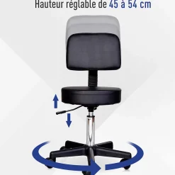 Tabouret massage à roulettes réglable en hauteur pivotant avec dossier ergonomique noir