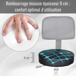 Tabouret massage à roulettes réglable en hauteur pivotant avec dossier ergonomique noir