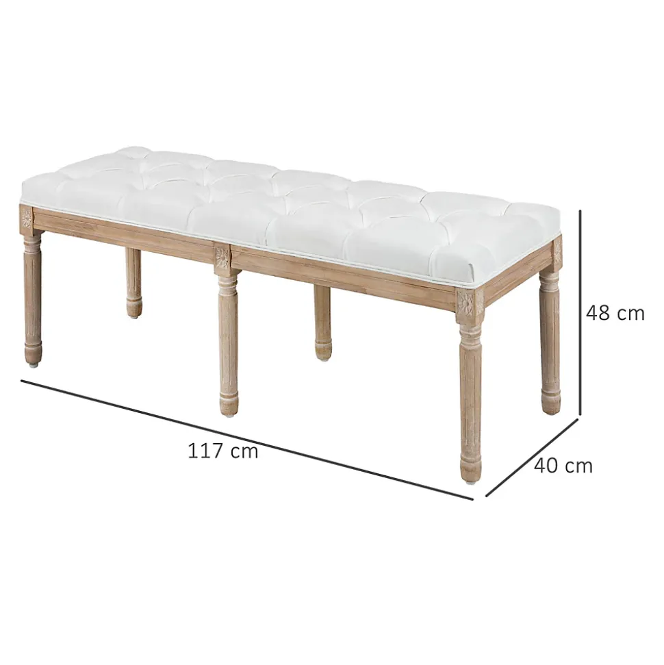 Tabouret repose-pied capitonné style classique - bois d'hévéa sculpté, patiné - revêtement aspect lin crème