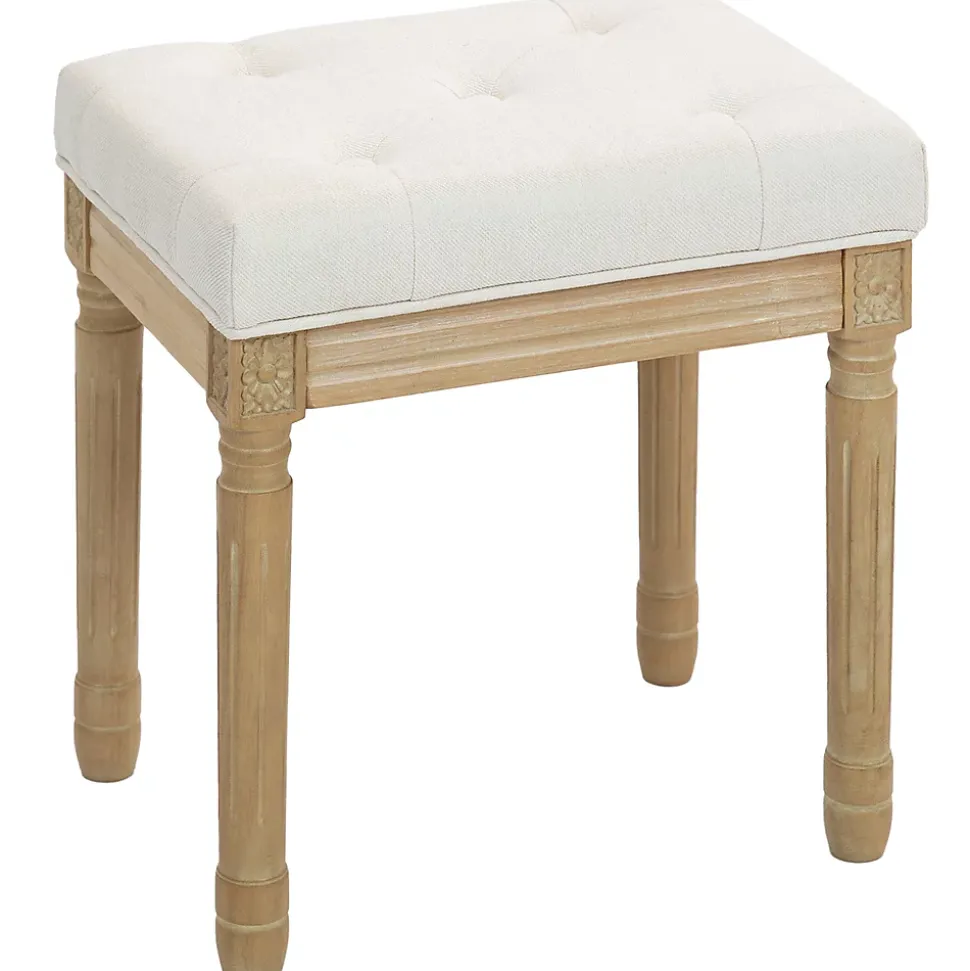 Tabouret repose-pied capitonné style classique bois sculpté patiné tissu toucher lin beige