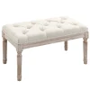 Tabouret repose-pied capitonné style classique - bois d'hévéa sculpté, patiné - revêtement aspect lin beige