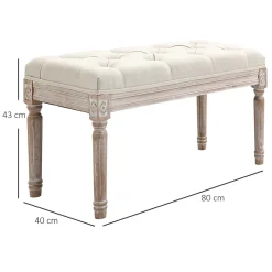Tabouret repose-pied capitonné style classique - bois d'hévéa sculpté, patiné - revêtement aspect lin beige