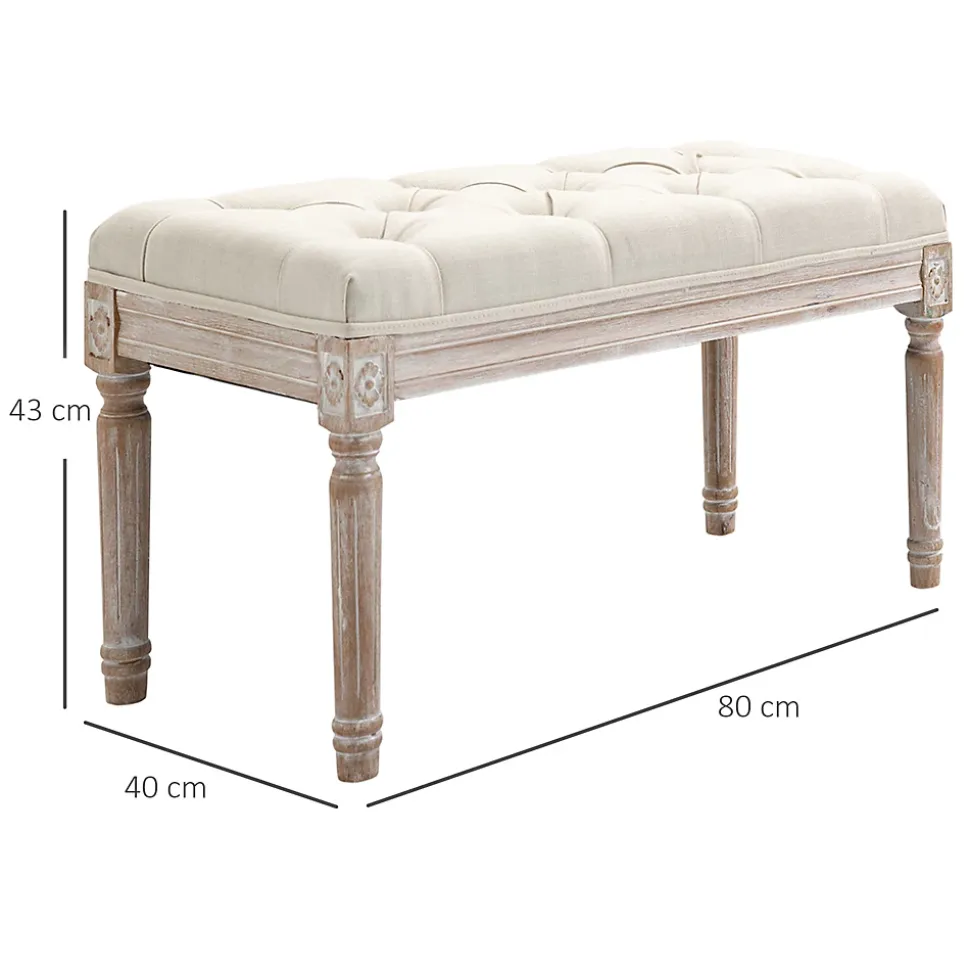 Tabouret repose-pied capitonné style classique - bois d'hévéa sculpté, patiné - revêtement aspect lin beige