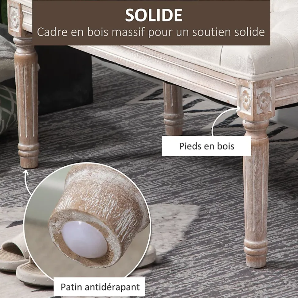 Tabouret repose-pied capitonné style classique - bois d'hévéa sculpté, patiné - revêtement aspect lin beige