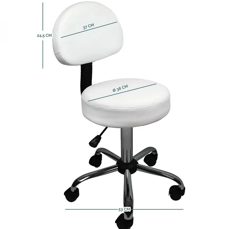 Tabouret rond à roulettes avec dossier réglable en hauteur de 50 à 64 cm et pivotable - Blanc - Vivezen