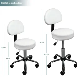 Tabouret rond à roulettes avec dossier réglable en hauteur de 50 à 64 cm et pivotable - Blanc - Vivezen
