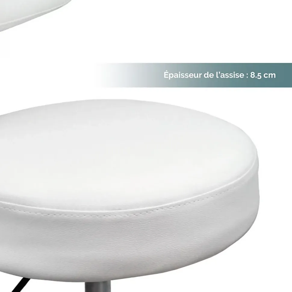 Tabouret rond à roulettes avec dossier réglable en hauteur de 50 à 64 cm et pivotable - Blanc - Vivezen