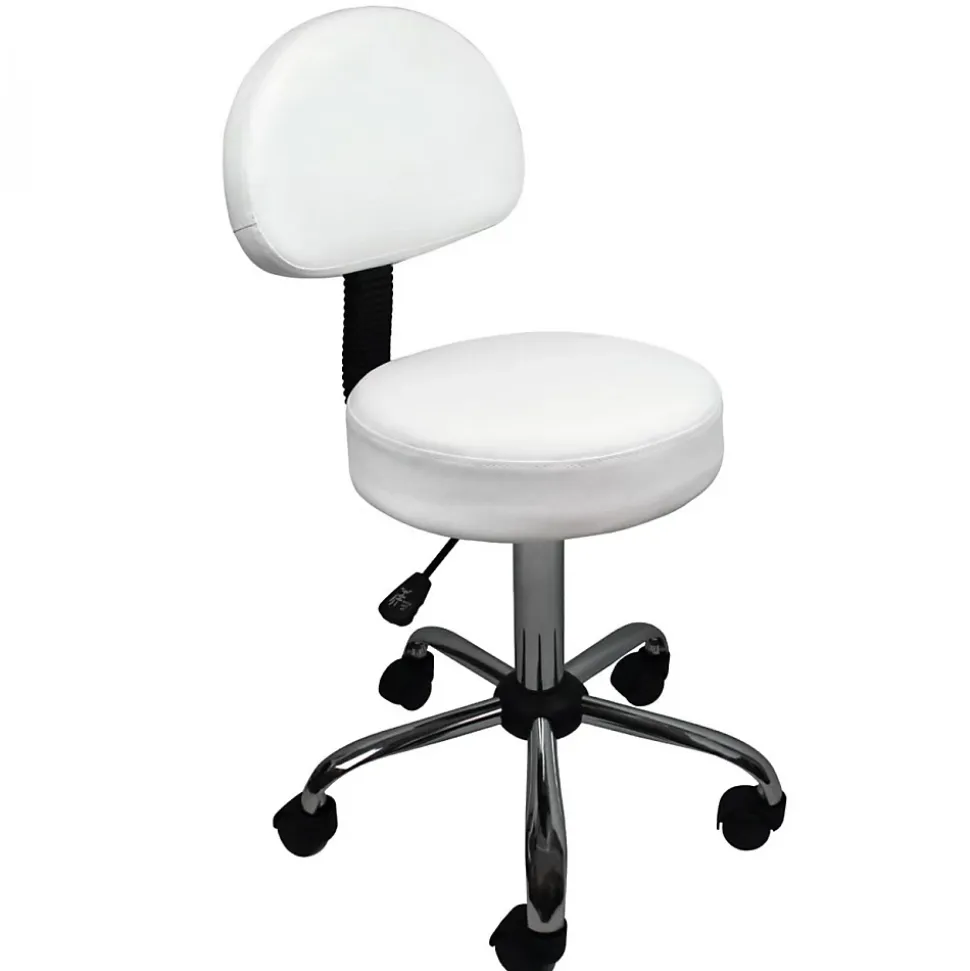 Tabouret rond à roulettes avec dossier réglable en hauteur de 50 à 64 cm et pivotable - Blanc - Vivezen