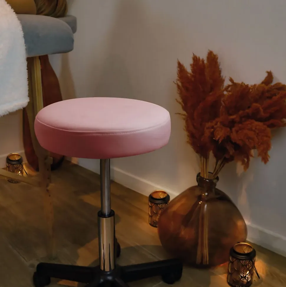 Tabouret rond à roulettes réglable en hauteur de 43.5 à 60.5 cm et pivotable - Rose pastel - Vivezen