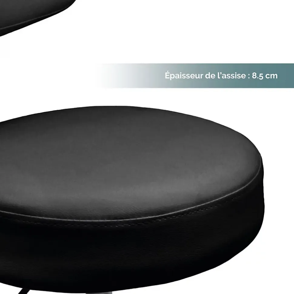 Tabouret rond à roulettes avec dossier réglable en hauteur de 50 à 64 cm et pivotable - Noir - Vivezen