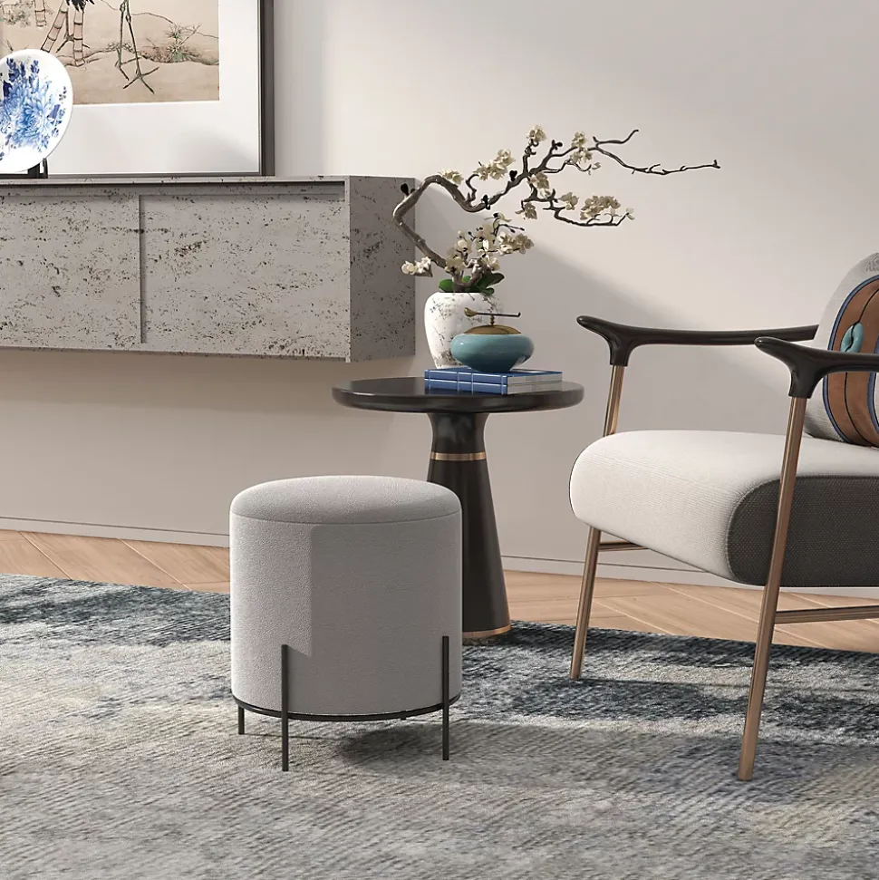 Tabouret rond style contemporain châssis piètement acier noir assise aspect velours gris clair