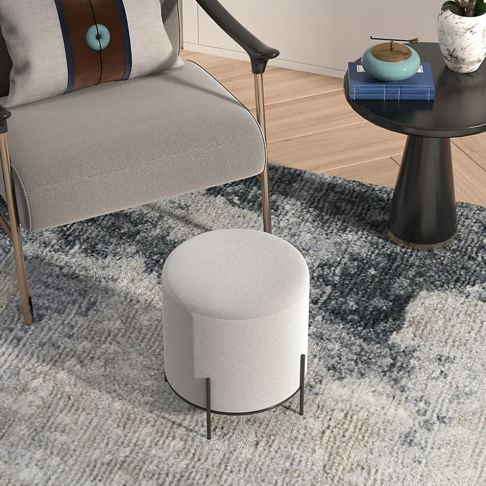 Tabouret rond style contemporain châssis piètement acier noir assise aspect velours gris clair