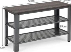 étagère à Chaussures à 3 Niveaux 73x30x45CM Style Industriel,Banc à Chaussures Longue,4 Pieds Réglables,Gris