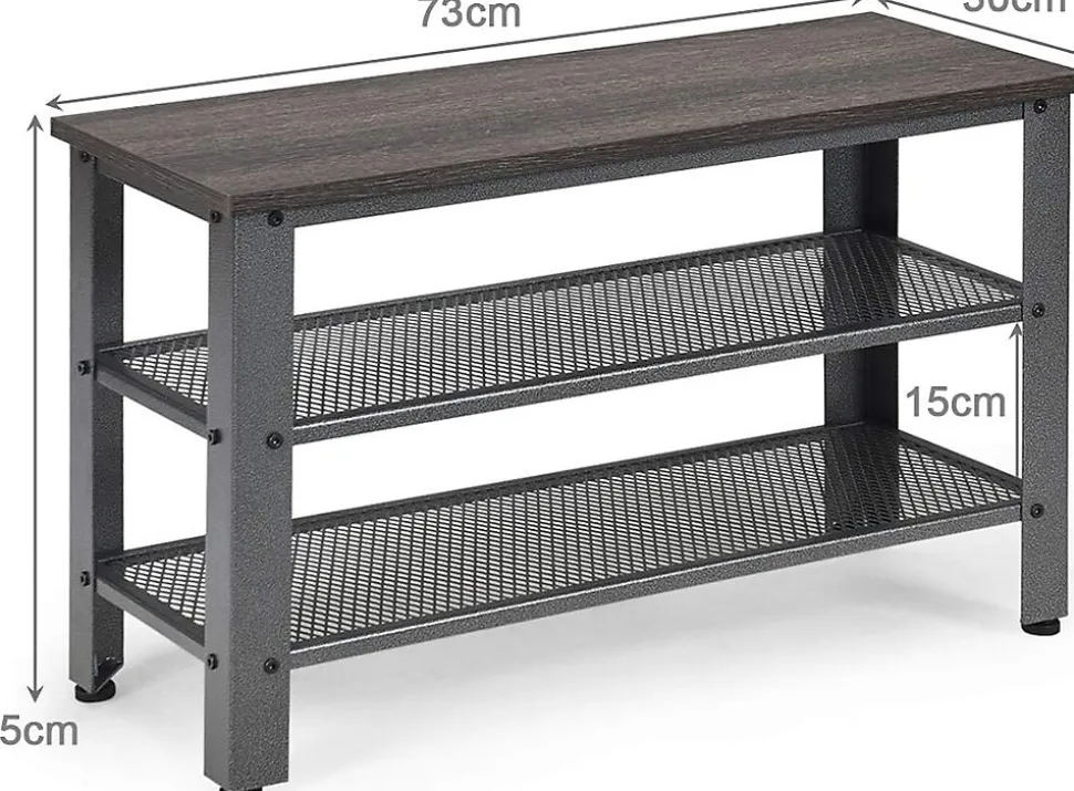 étagère à Chaussures à 3 Niveaux 73x30x45CM Style Industriel,Banc à Chaussures Longue,4 Pieds Réglables,Gris