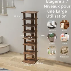 étagère à Chaussures à 7 Niveaux en Bois Range Chaussures Vertical et Compact en Hauteur Différente Organisateur de Rangement