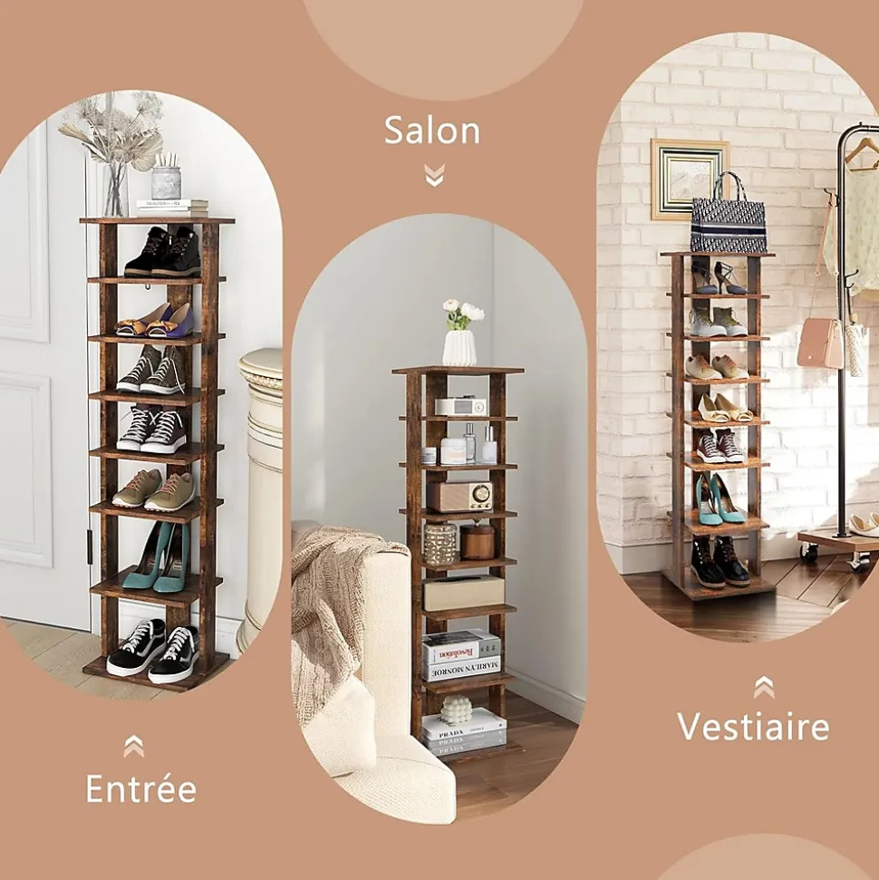 étagère à Chaussures à 7 Niveaux en Bois Range Chaussures Vertical et Compact en Hauteur Différente Organisateur de Rangement