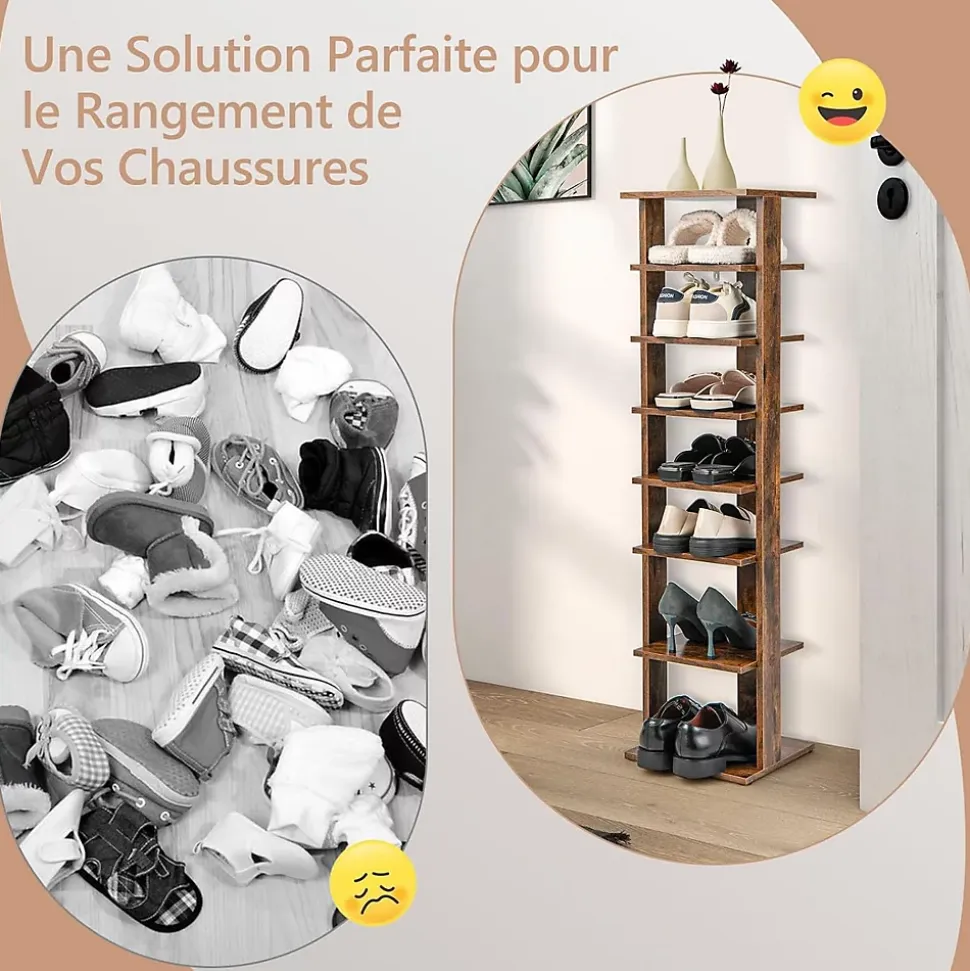 étagère à Chaussures à 7 Niveaux en Bois Range Chaussures Vertical et Compact en Hauteur Différente Organisateur de Rangement