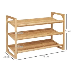 Étagère à chaussures bambou 3 étagères style naturel dim. 76L x 33l x 51H cm