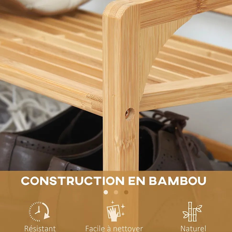 Étagère à chaussures bambou 3 étagères style naturel dim. 76L x 33l x 51H cm