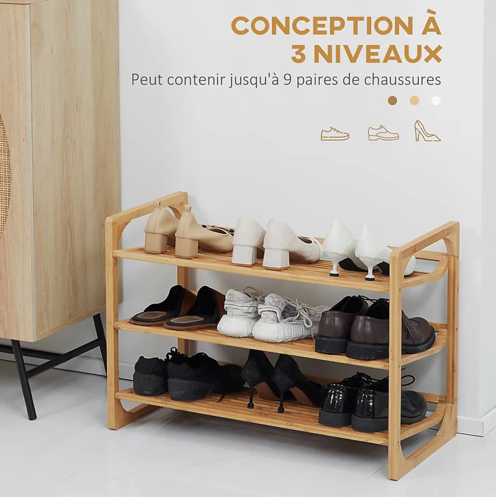 Étagère à chaussures bambou 3 étagères style naturel dim. 76L x 33l x 51H cm