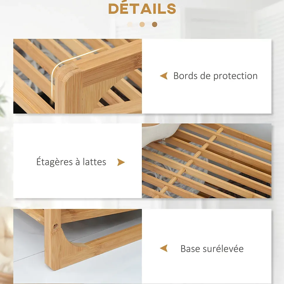 Étagère à chaussures bambou 3 étagères style naturel dim. 76L x 33l x 51H cm