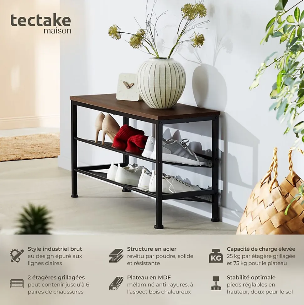 Étagère à chaussures Style industrie 755x305x455cm Bois foncé