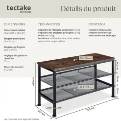 Étagère à chaussures Style industrie 755x305x455cm Bois foncé