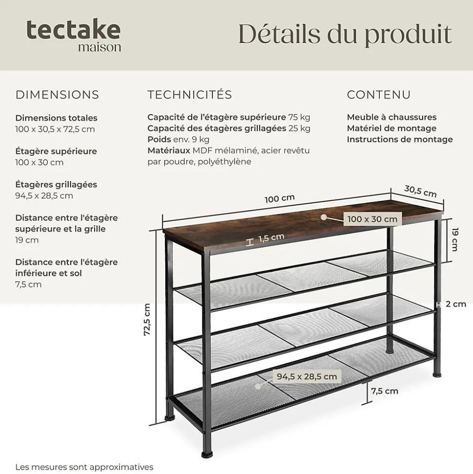 Étagère à chaussures Style industriel 100x305x725cm Bois foncé