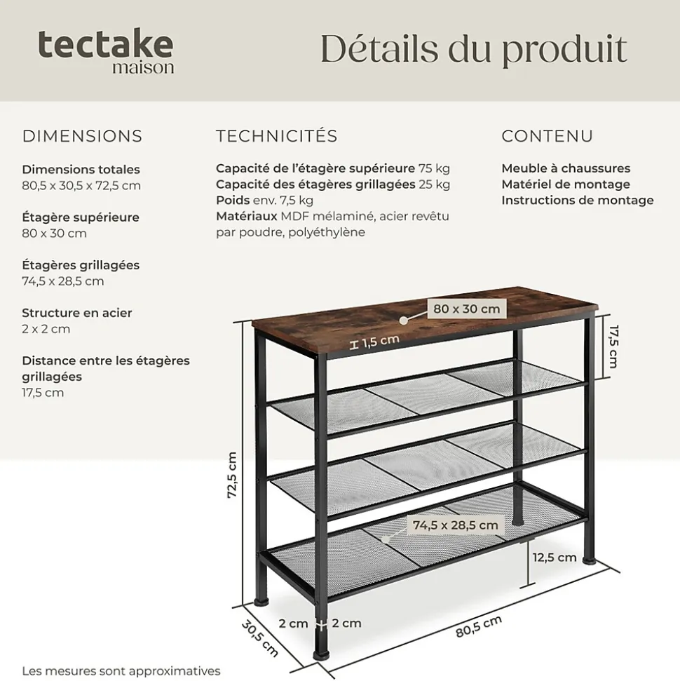 Étagère à chaussures Style industriel 805 x 305 x 725 cm Bois foncé