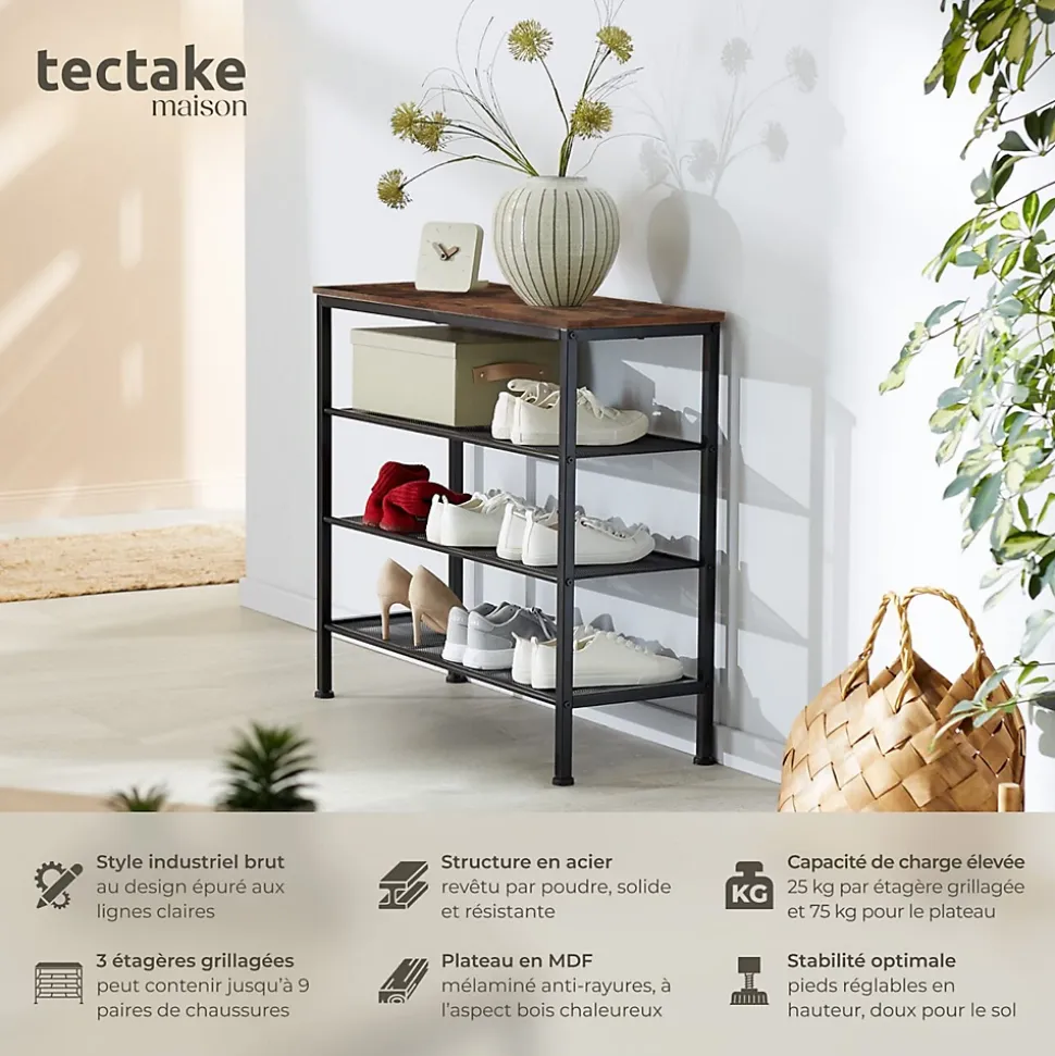 Étagère à chaussures Style industriel 805 x 305 x 725 cm Bois foncé