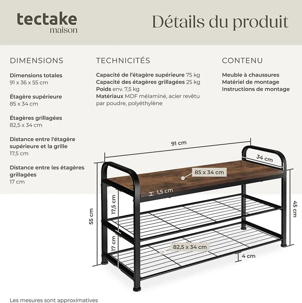 Étagère à chaussures Style industriel 91x36x55 cm Bois foncé