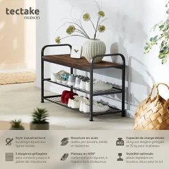Étagère à chaussures Style industriel 91x36x55 cm Bois foncé