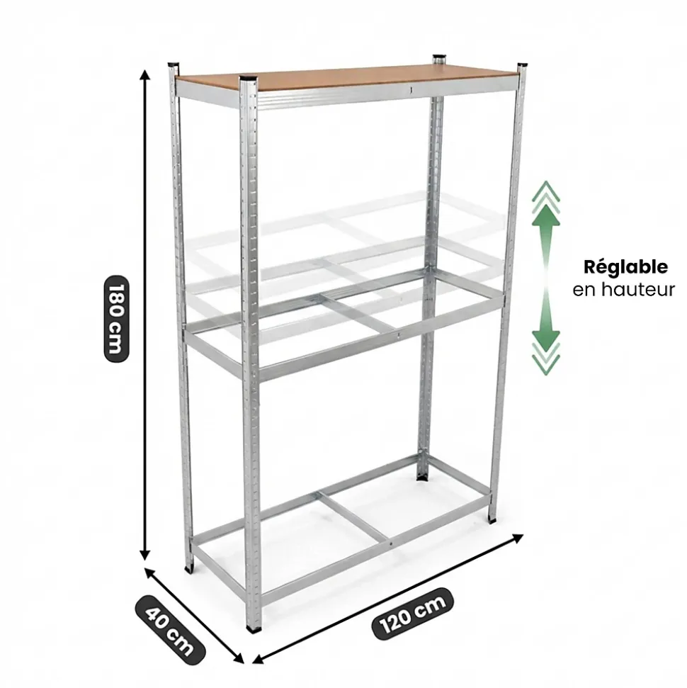 Étagère à pneus de garage en métal 120 cm 3 niveaux galvanisée argent 120x40x180 cm