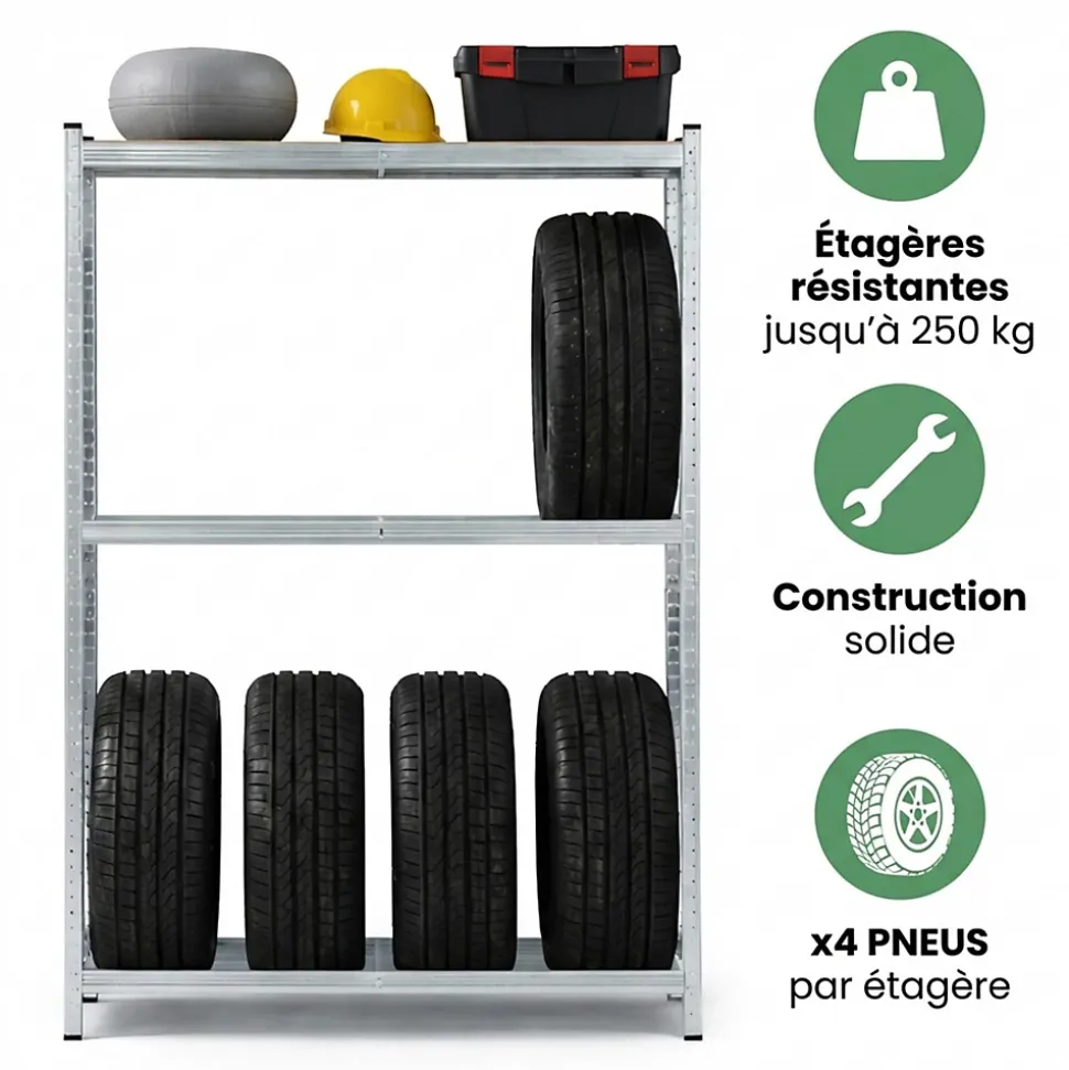 Étagère à pneus de garage en métal 120 cm 3 niveaux galvanisée argent 120x40x180 cm