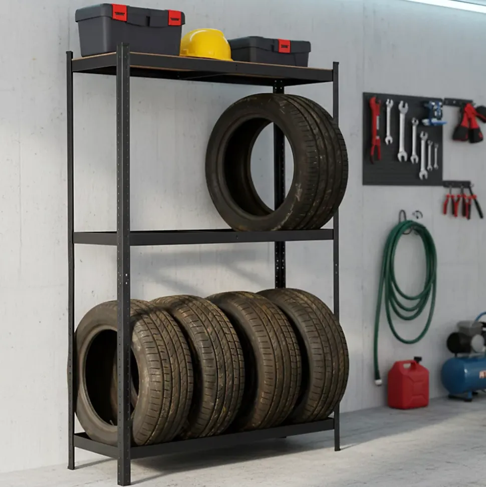 Étagère à pneus de garage en métal 120 cm 3 niveaux noire 120x40x180 cm
