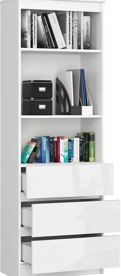 Étagère, 3 tiroirs 2 étagères, blanc / blanc Brillant, Largeur : 60 cm, Hauteur : 180 cm, Profondeur : 35 cm