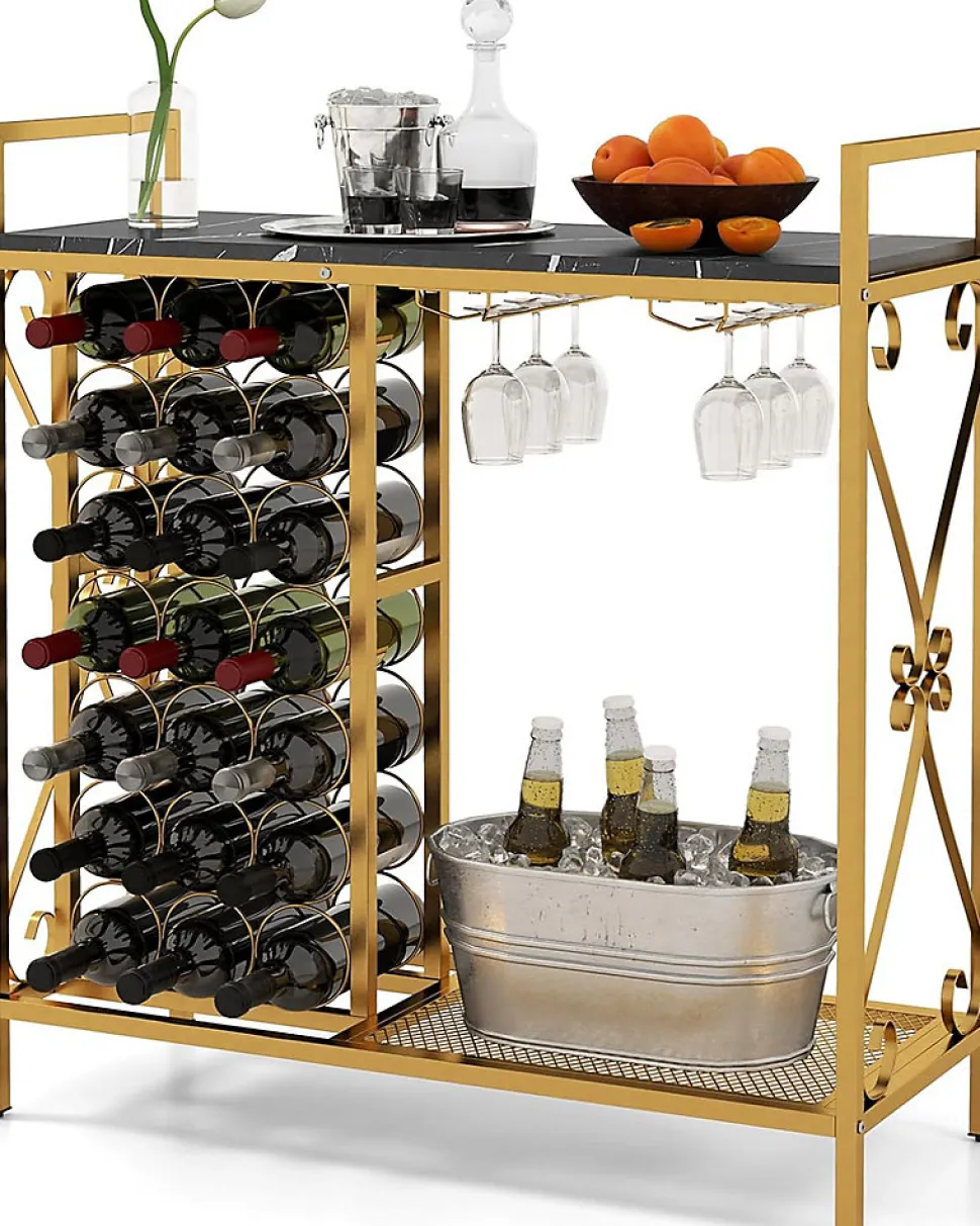 Étagère à Vin avec Casier à Vin 21 Bouteilles, 2 Porte-Verres pour 6 Verres, Grand Plateau pour Salle à, 93x38x102cm