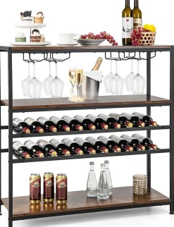 étagère à Vin Horizontal avec 4 Rangées de Porte Verres et 3 étagères de Rangement 5 Niveaux pour 22 Bouteilles de Vin