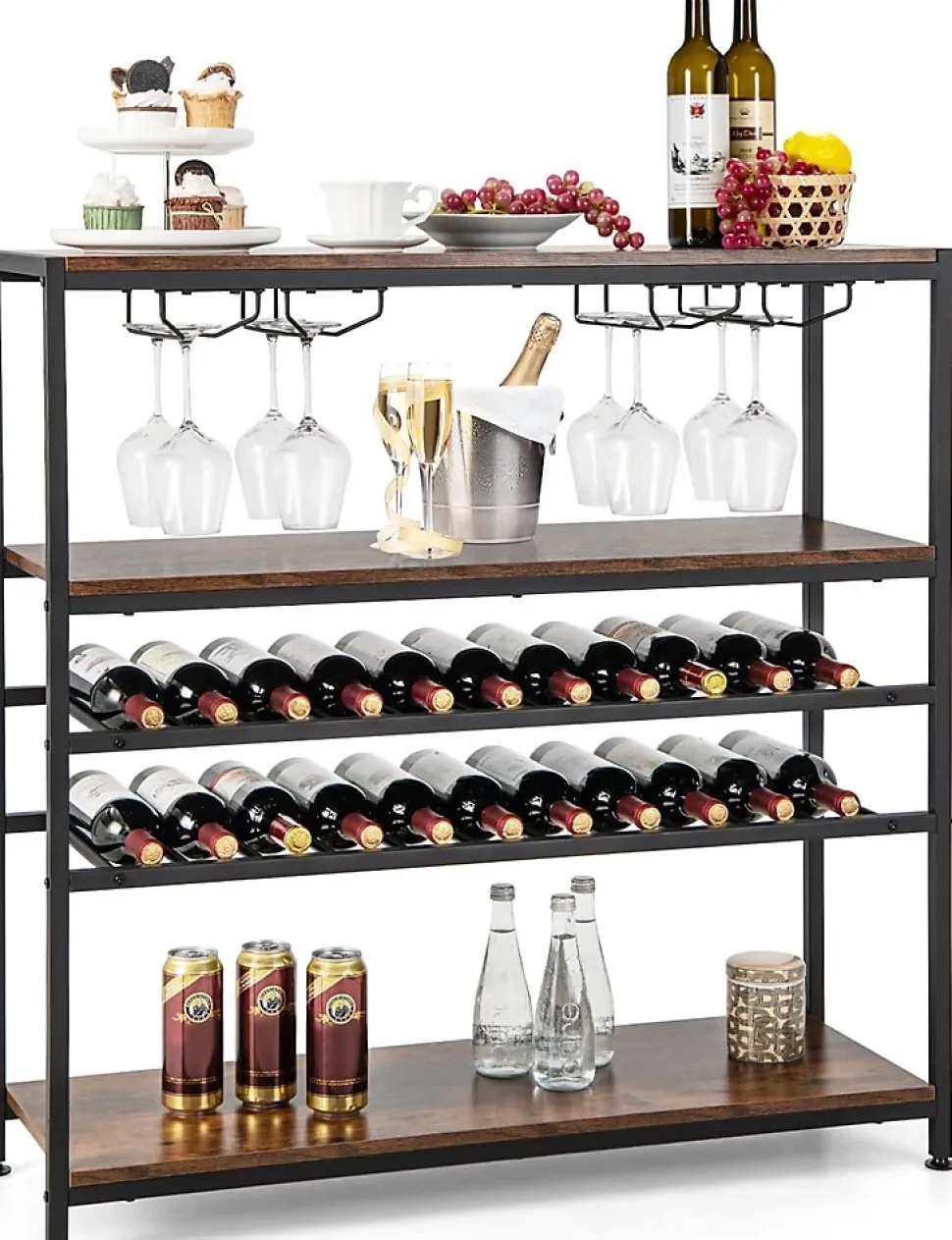 étagère à Vin Horizontal avec 4 Rangées de Porte Verres et 3 étagères de Rangement 5 Niveaux pour 22 Bouteilles de Vin
